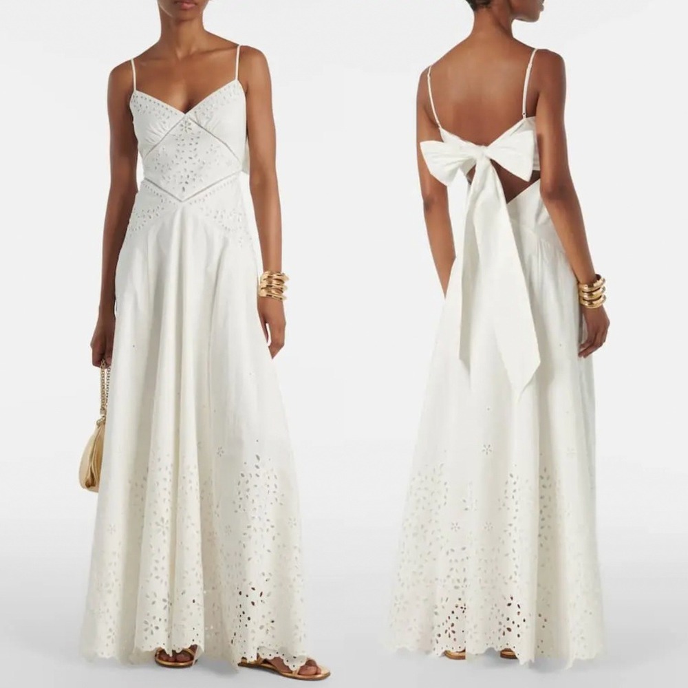 NEW Self-Portrait Dress White‎ Cotton Eyelet Maxi Dress Tie Back Size 6